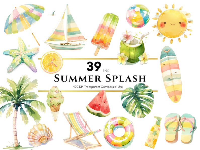 May include: A set of 39 watercolor illustrations featuring summer-themed elements, including a sailboat, a surfboard, a beach umbrella, a coconut, a pineapple, a watermelon, a beach chair, a seashell, a starfish, a lemon, a palm tree, a popsicle, a sun, a beach ball, and flip-flops. The illustrations are in a bright and cheerful style, perfect for adding a touch of summer to your projects.