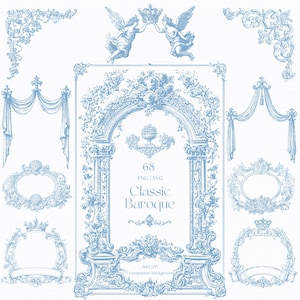 Puede incluir: Una colección de 68 elementos de diseño barroco clásico en azul claro, que incluyen marcos ornamentados, arcos, querubines y esquinas decorativas. Los diseños presentan detalles florales y de volutas, ideales para proyectos de arte digital.