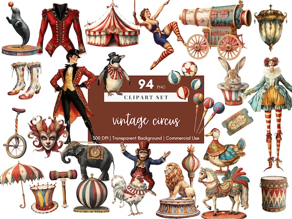 Vintage Circus Clipart, Junk Journal, Digital Scrapbook Paper, Clown Printable, Carnival PNG, Carnival digital, Vintage Ephemera, Fair Cards