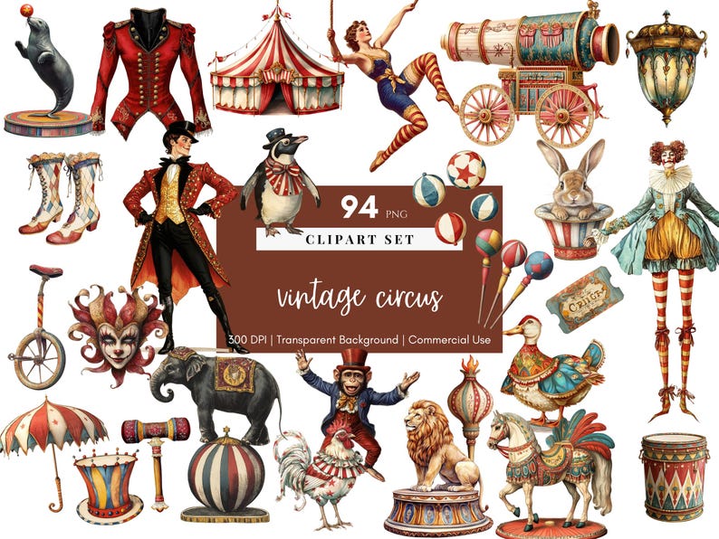 Vintage Circus Clipart featuring clowns, carnival elements, and fair cards. Perfect for junk journals, digital scrapbooking, printable ephemera, and carnival-themed projects.