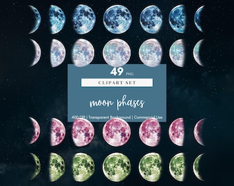 Moon Phases Clipart, Moon Clipart, Moon PNG, Nursery Moon Clipart, Boho Moon, Mystical PNG, Magical Clipart, Watercolor Moon, Commercial Use