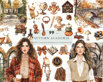 Watercolor Autumn Academia Clipart, Bookish, Fall Bookworm, Cozy Fall Reading, Booklover PNG, Autumn Vibes, Digital Sticker Planner Journal