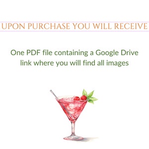 May include: Watercolor illustration of a cocktail in a martini glass with a straw, cherries, and mint leaves. Text at the top reads "UPON PURCHASE YOU WILL RECEIVE". Below, text states "One PDF file containing a Google Drive link where you will find all images".