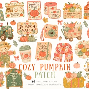 May include: A collection of autumn-themed illustrations featuring pumpkins, a tractor, a scarecrow, a camera, a scarf, books, and signs with text including Pumpkin Patch, Cozy Autumn, and Fresh Picked, all rendered in a soft, warm color palette.