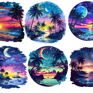 May include: Six digital illustrations of tropical beaches with palm trees, crescent moons, and starry skies. The colors are vibrant and the scenes are peaceful.