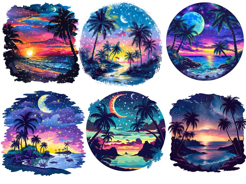 May include: Six digital illustrations of tropical beaches with palm trees, crescent moons, and starry skies. The colors are vibrant and the scenes are peaceful.