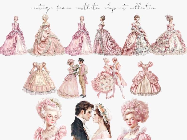 Watercolor pink vintage clipart featuring Rococo aesthetic elements and Victorian ephemera. Perfect for planner stickers, digital planners, and elegant digital scrapbooking.