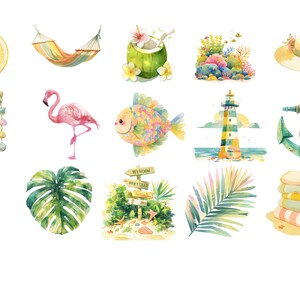 May include: A set of watercolor illustrations featuring summer vacation themes. The illustrations include a hammock, a coconut, a lighthouse, a palm tree, a pineapple, a starfish, a seashell, a beach towel, an anchor, a flamingo, a fish, a lemon, a sun, a hat, and a welcome sign.
