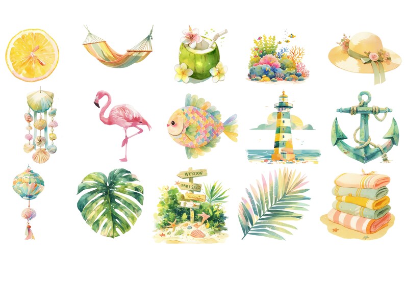 May include: A set of watercolor illustrations featuring summer vacation themes. The illustrations include a hammock, a coconut, a lighthouse, a palm tree, a pineapple, a starfish, a seashell, a beach towel, an anchor, a flamingo, a fish, a lemon, a sun, a hat, and a welcome sign.