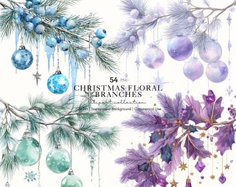 Paquete de imágenes prediseñadas de ramas de pino, gráficos de ramas nevadas, acuarela PNG, decoraciones navideñas, piñas navideñas PNG