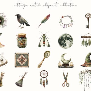 Watercolor cottage witch clipart featuring magical cottagecore elements, witchy items, and rustic pagan-inspired designs. Perfect for junk journals, digital stickers, planners, and scrapbooking.