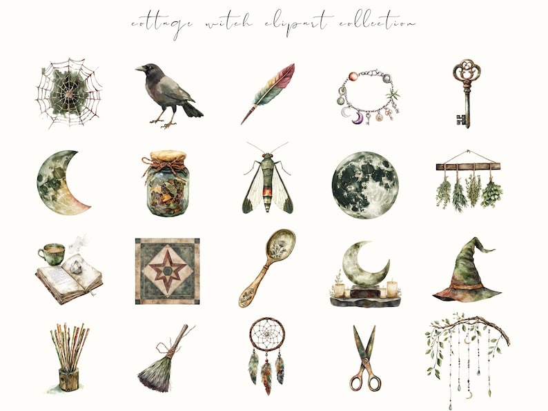 Watercolor cottage witch clipart featuring magical cottagecore elements, witchy items, and rustic pagan-inspired designs. Perfect for junk journals, digital stickers, planners, and scrapbooking.