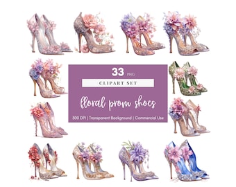 Prom Shoes Floral, Watercolor, High Heels clipart, Heel pumps, Digital planner, Digital Sticker, PNG, Sublimation, Printable, Commercial Use