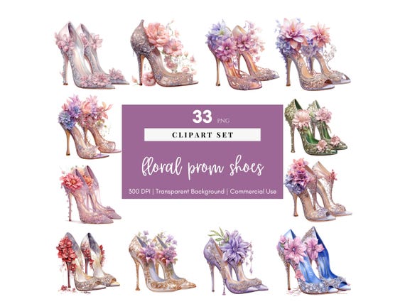Prom Shoes Floral, Watercolor, High Heels clipart, Heel pumps, Digital planner, Digital Sticker, PNG, Sublimation, Printable, Commercial Use