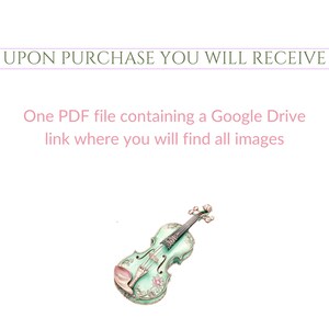 May include: A digital download of a PDF file containing a link to a Google Drive folder with images of a green and white painted violin.