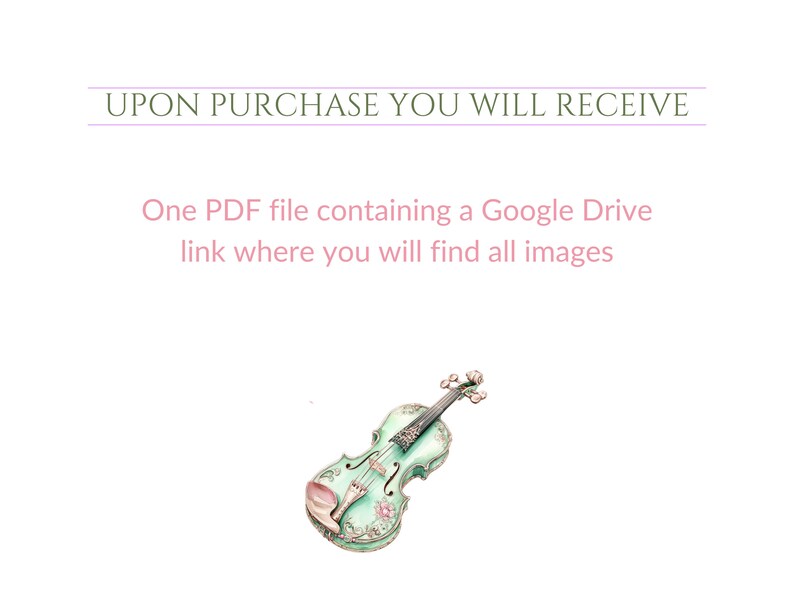 May include: A digital download of a PDF file containing a link to a Google Drive folder with images of a green and white painted violin.