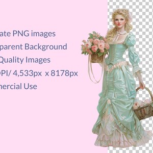 May include: A woman in a light blue dress with a white lace trim and a white collar holds a basket of pink roses. She is standing in front of a white background.
