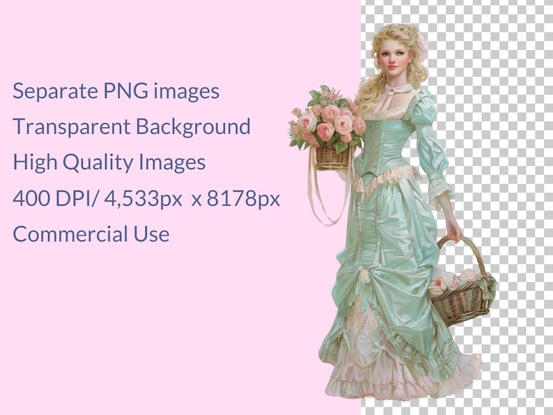 May include: A woman in a light blue dress with a white lace trim and a white collar holds a basket of pink roses. She is standing in front of a white background.