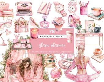 May include: A set of 78 watercolor planner clipart images featuring pink and gold accents. The clipart includes a typewriter, a notebook, a candle, a coffee cup, a watch, an alarm clock, a backpack, a succulent, a desk, a laptop, a globe, a book stack, a woman meditating, and more.