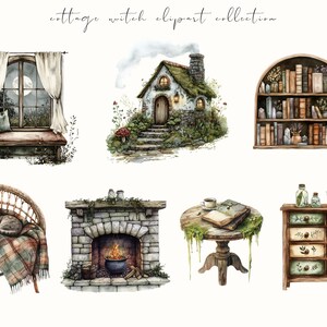 Watercolor cottage witch clipart featuring magical cottagecore elements, witchy items, and rustic pagan-inspired designs. Perfect for junk journals, digital stickers, planners, and scrapbooking.