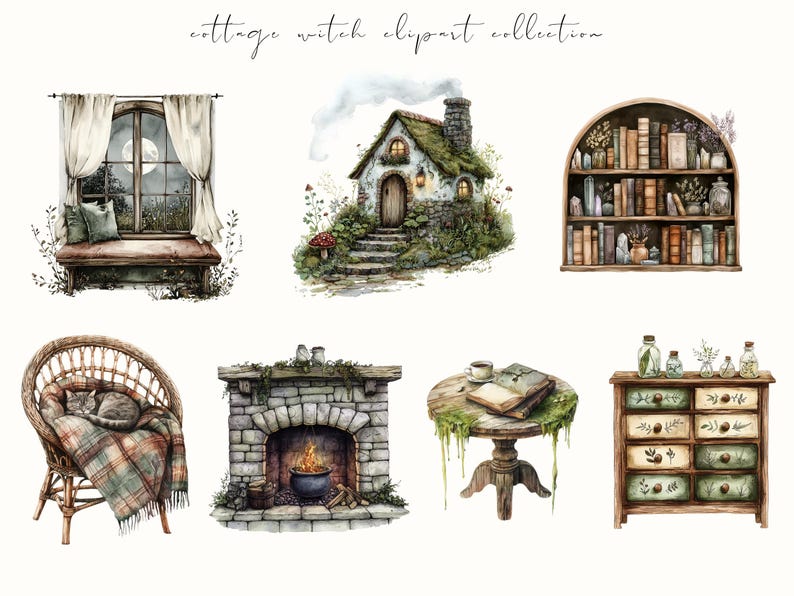 Watercolor cottage witch clipart featuring magical cottagecore elements, witchy items, and rustic pagan-inspired designs. Perfect for junk journals, digital stickers, planners, and scrapbooking.