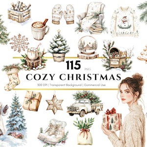 Aquarel gezellige kerst clipart, boho kerst png, beige kerstversieringen, kerstboom, kersttrui, kerstkrans