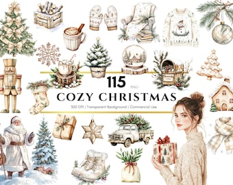 Watercolor Cozy Christmas Clipart, Boho Christmas PNG, Beige Christmas Ornaments, Christmas Tree, Christmas Sweater, Christmas Wreath