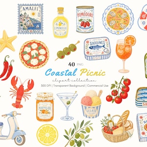 Puede incluir: Una colección de imágenes digitales titulada Coastal Picnic que presenta ilustraciones de artículos de temática italiana, incluyendo un scooter, pizza, limoncello, sardinas, helado, una langosta, aceitunas, un limón, una cesta y bebidas.