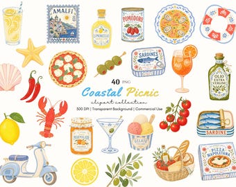 Coastal Picnic Clipart PNG Bundle, Mediterranean Food Watercolor, Italian Summer Clipart, Lemon Pizza Sardine Beach Graphics