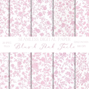 Blush rosa Blumen Französisch Toile De Jouy Digital Papier Nahtlose Muster Rosa und Weiß Chinoiserie Hintergründe für Digital Scrapbook Papier