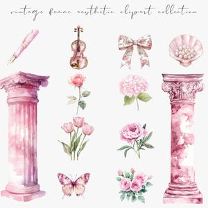 Watercolor pink vintage clipart featuring Rococo aesthetic elements and Victorian ephemera. Perfect for planner stickers, digital planners, and elegant digital scrapbooking.