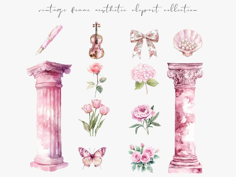 Watercolor pink vintage clipart featuring Rococo aesthetic elements and Victorian ephemera. Perfect for planner stickers, digital planners, and elegant digital scrapbooking.