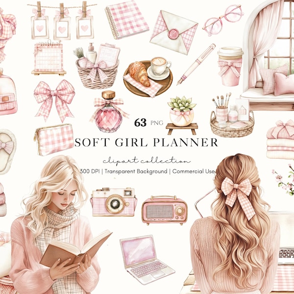 Soft Girl Planner Clipart PNG, Pink Gingham Coquette Aesthetic, Girly Stationery, Cozy Desk Stickers