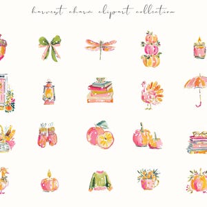 A whimsical watercolor clipart bundle titled Harvest Charm, featuring cozy autumn illustrations in bright, painterly style. Includes fall houses, pumpkins, scarves, books, turkeys, florals, and fashionable characters in warm seasonal tones. Ideal for digital stickers, planners, scrapbooking, and junk journaling. Brings a cheerful, glam fall aesthetic perfect for Thanksgiving, autumn crafting, and seasonal creative projects