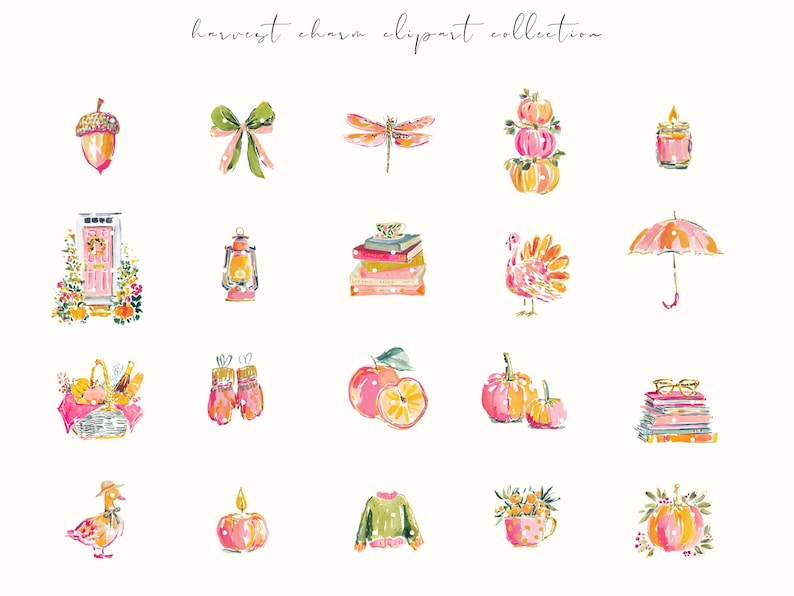 A whimsical watercolor clipart bundle titled Harvest Charm, featuring cozy autumn illustrations in bright, painterly style. Includes fall houses, pumpkins, scarves, books, turkeys, florals, and fashionable characters in warm seasonal tones. Ideal for digital stickers, planners, scrapbooking, and junk journaling. Brings a cheerful, glam fall aesthetic perfect for Thanksgiving, autumn crafting, and seasonal creative projects