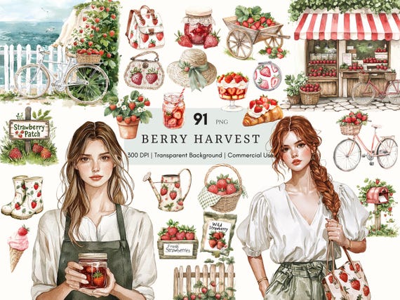 Watercolor Strawberry Harvest Clipart, Spring Cottagecore, Springtime Clipart, Summer Clipart Garden, Digital Stickers Planner, Junk Journal