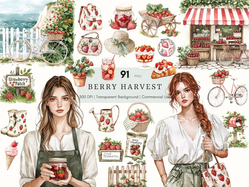 Watercolor strawberry harvest clipart featuring spring and summer cottagecore elements. Perfect for digital stickers, planners, and junk journal projects with a fresh, botanical feel.
