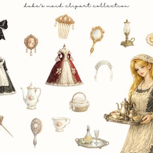Op de afbeelding: Een illustratie met een verzameling clipart in vintage-stijl met het thema dienstmeisjes. De afbeelding bevat een dienstmeisjesjurk, een strik, een camee-broche, een haarkam, een handspiegel, een lamp, een bord met koekjes, een theepot, een kopje en een vrouw die een dienblad vasthoudt.