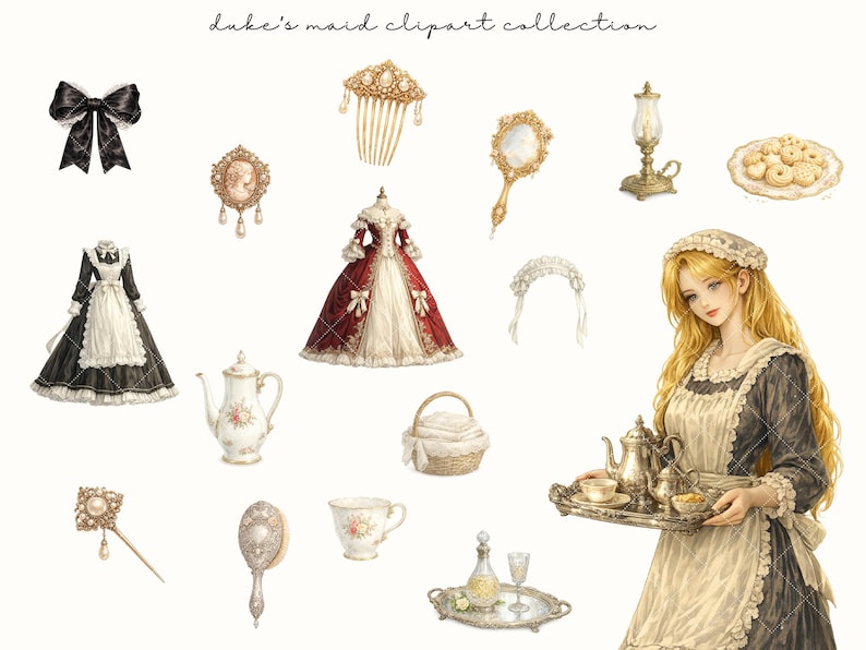 Op de afbeelding: Een illustratie met een verzameling clipart in vintage-stijl met het thema dienstmeisjes. De afbeelding bevat een dienstmeisjesjurk, een strik, een camee-broche, een haarkam, een handspiegel, een lamp, een bord met koekjes, een theepot, een kopje en een vrouw die een dienblad vasthoudt.