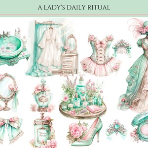 May include: A watercolor illustration of a lady's daily ritual. The image features a variety of items, including a vanity set, a perfume bottle, a powder jar, a corset, a dress, a hat, and a compact. The items are all decorated with floral motifs and are painted in soft pastel colors.