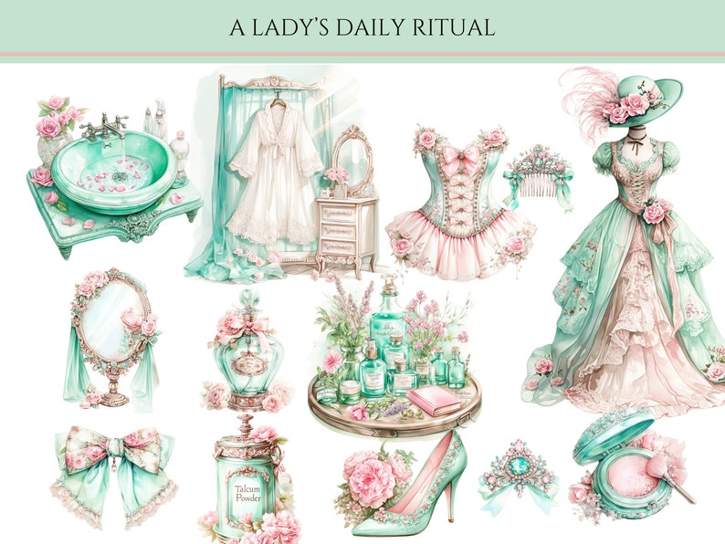 May include: A watercolor illustration of a lady's daily ritual. The image features a variety of items, including a vanity set, a perfume bottle, a powder jar, a corset, a dress, a hat, and a compact. The items are all decorated with floral motifs and are painted in soft pastel colors.