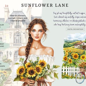 Watercolor Sunflower Lane clipart featuring cozy cottagecore sunflowers, floral baskets, and rustic summer vibes. Perfect for planner stickers, junk journals, and cottage-themed crafts.