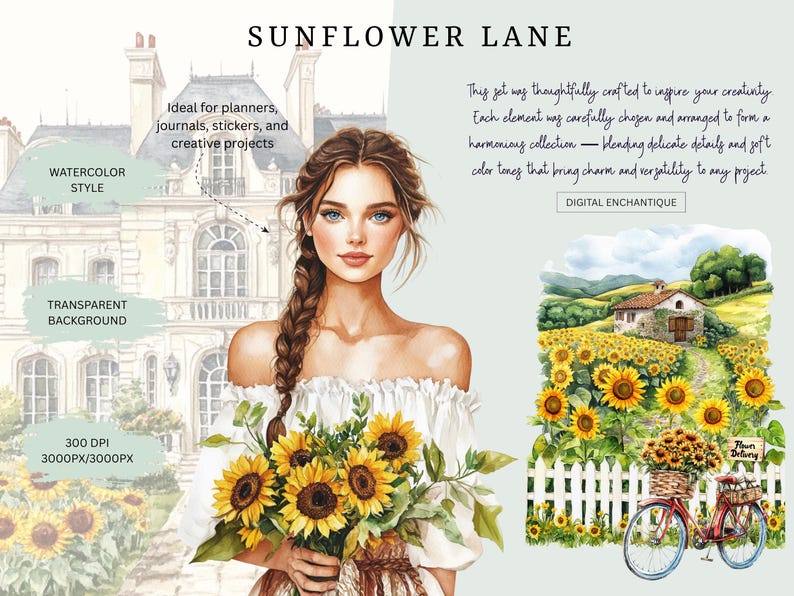 Watercolor Sunflower Lane clipart featuring cozy cottagecore sunflowers, floral baskets, and rustic summer vibes. Perfect for planner stickers, junk journals, and cottage-themed crafts.