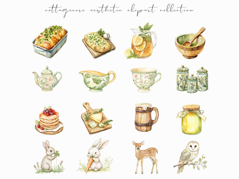 Watercolor cottagecore clipart featuring rustic elements, vintage-inspired designs, and spring floral ephemera. Perfect for digital planners, journaling stickers, and scrapbooking