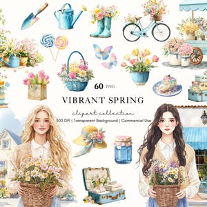 May include: A watercolour clipart collection labelled "Vibrant Spring", featuring spring-themed illustrations. Includes flowers, gardening tools, a bicycle, and two women holding baskets of flowers. The collection also includes the text "60 PNG".