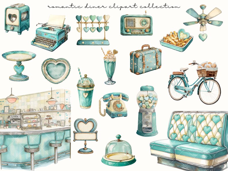 Romantic Diner Clipart Bundle, Valentine Retro Diner PNG, Teal Heart ...