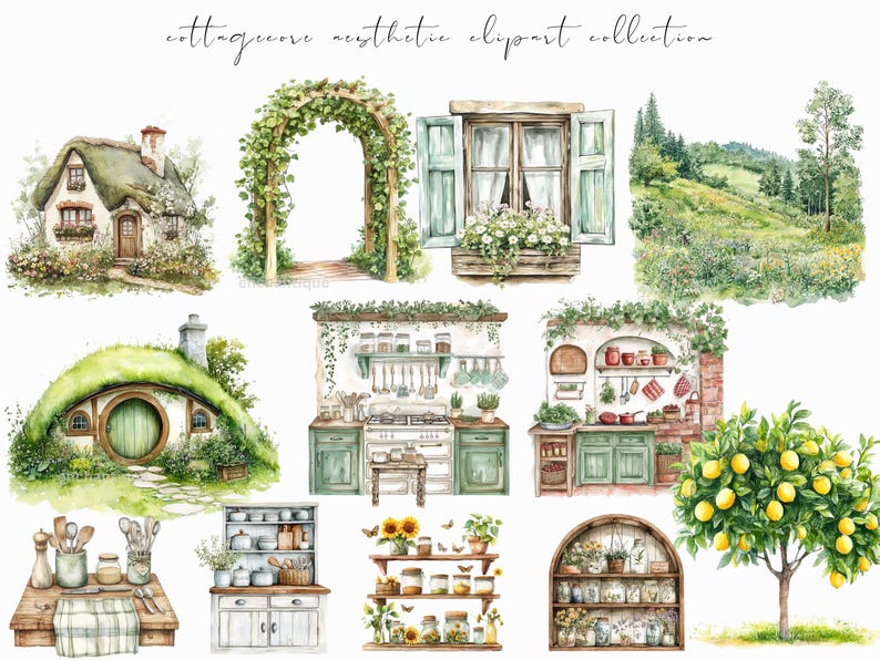 Watercolor cottagecore clipart featuring rustic elements, vintage-inspired designs, and spring floral ephemera. Perfect for digital planners, journaling stickers, and scrapbooking