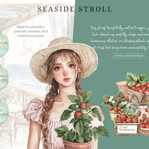 Watercolor strawberry harvest clipart featuring spring and summer cottagecore elements. Perfect for digital stickers, planners, and junk journal projects with a fresh, botanical feel.