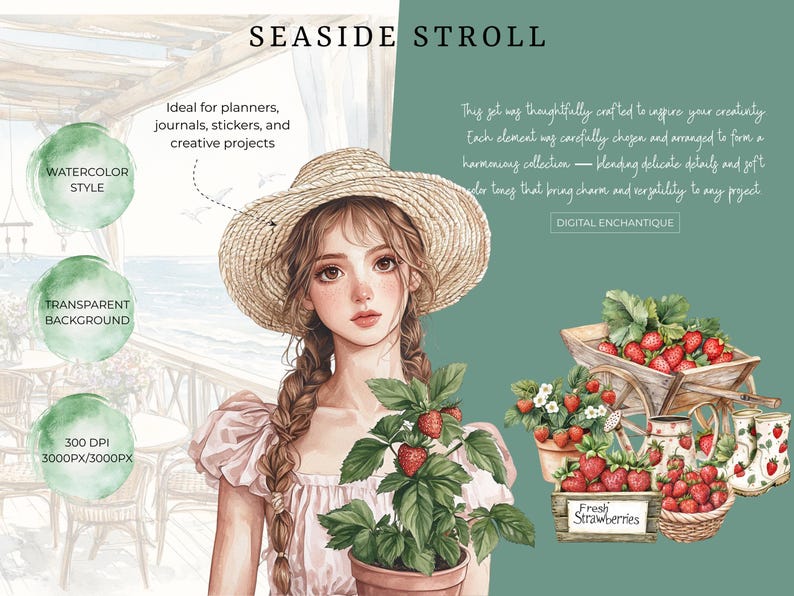 Watercolor strawberry harvest clipart featuring spring and summer cottagecore elements. Perfect for digital stickers, planners, and junk journal projects with a fresh, botanical feel.