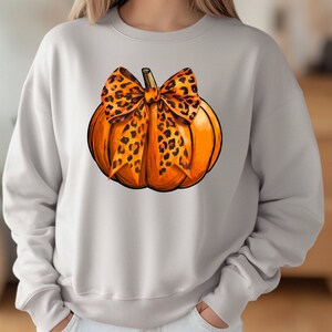 May include: A white sweatshirt with a graphic of an orange pumpkin with a leopard print bow.